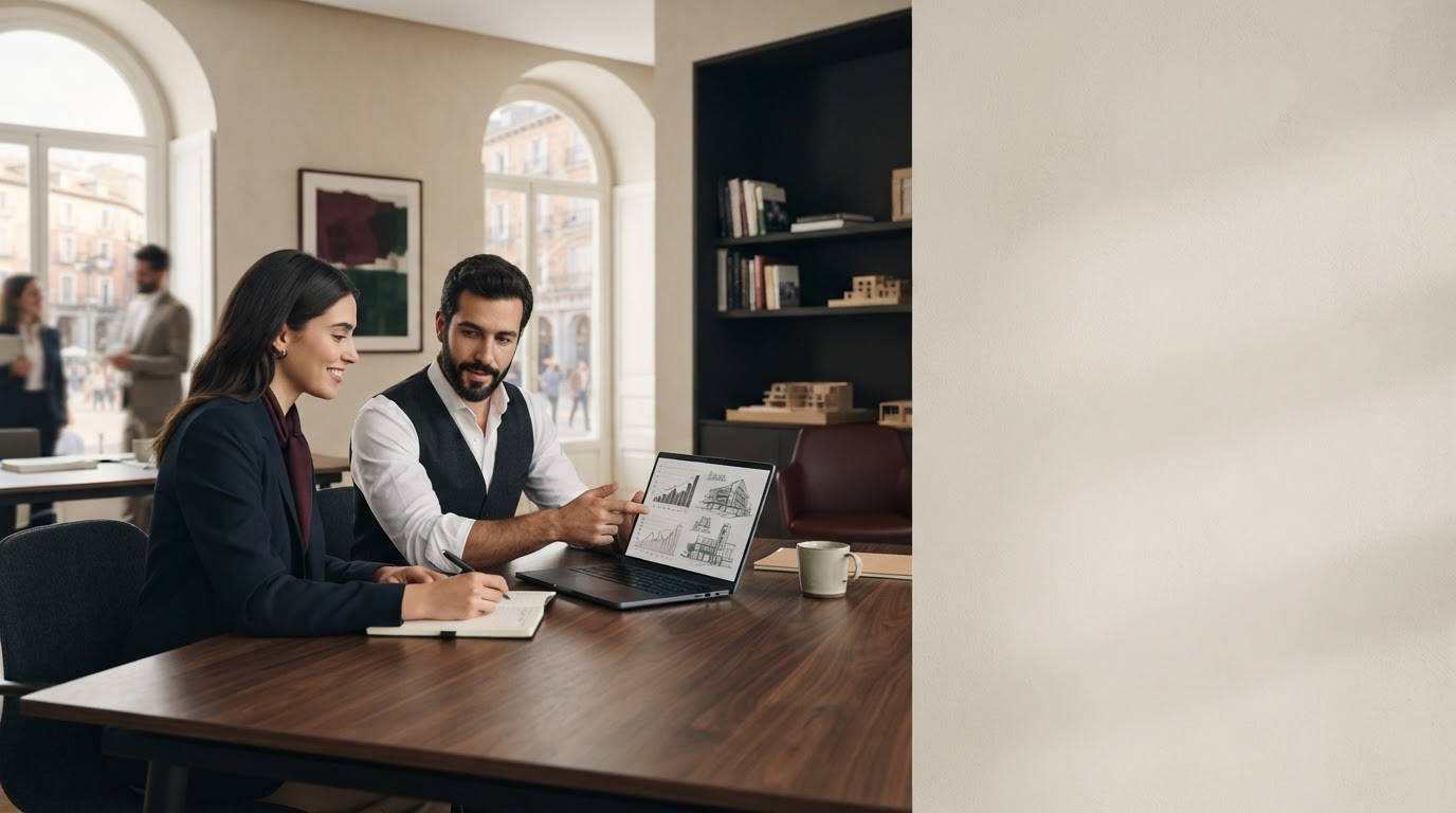 Nirevo Vexal: espacio arquitectónico minimalista que evoca estabilidad y análisis financiero riguroso